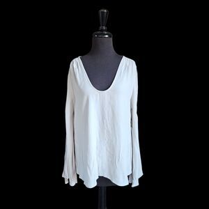 FIFTEEN TWENTY Blouse Women L Lightest Grey Tie Bell Long Sleeve Quiet Luxury